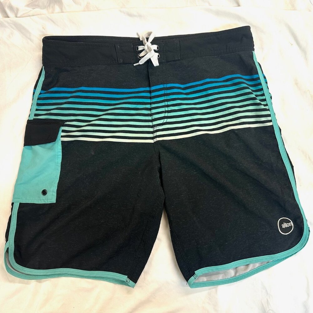 Alton Board shorts, Black, Blue, Teal Surf trunks Mens 36